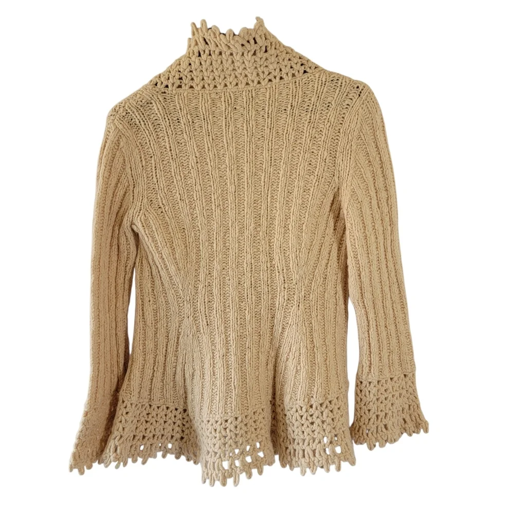 VTG EXPRESS Handknit Tan Wool Blend Cardigan M Eyelet Y2K Cottagecore Festival